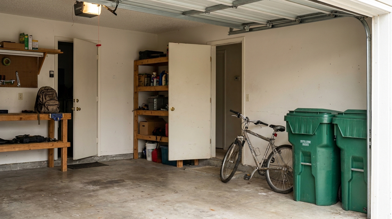 The door from an attached garage into the house, standing slightly open.