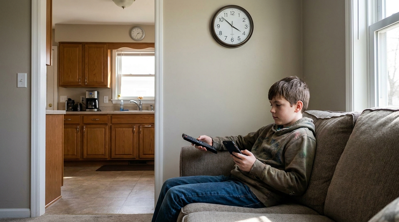A boy on a sofa with the remote in one hand and a phone in the other, a clock on the wall behind him.