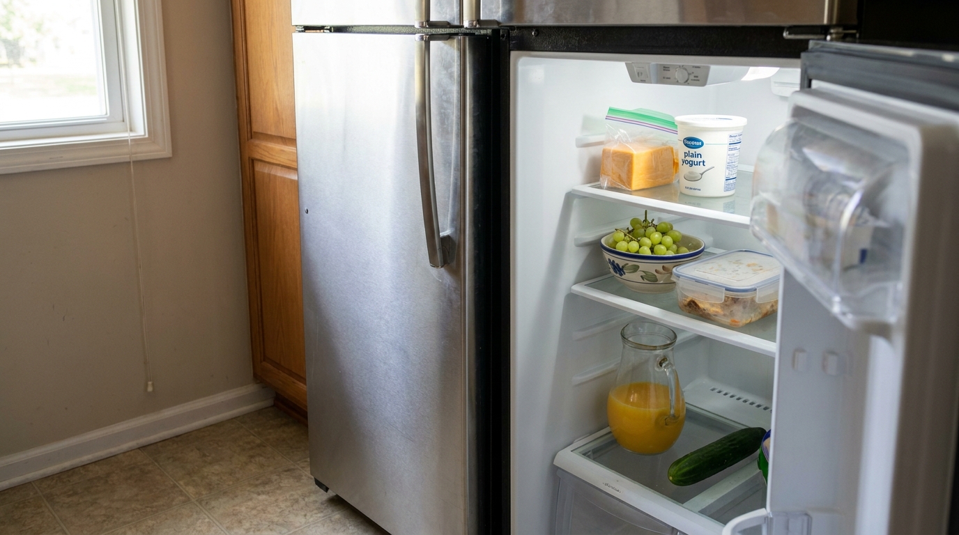 An open refrigerator: cheese, yogurt, grapes, leftovers, juice and a cucumber.