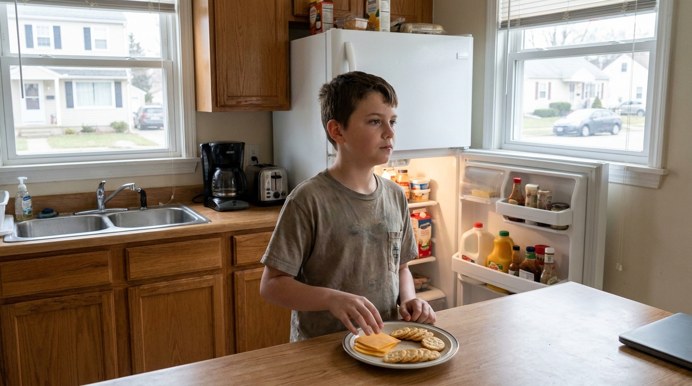 A boy putting cheese and crackers onto a plate with the fridge door open behind him.