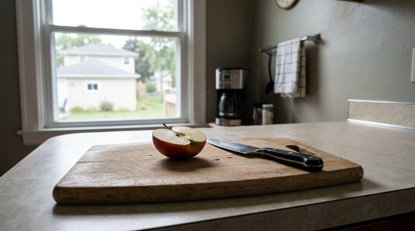 A cutting board with half an apple on it, flat side down, and a knife resting beside it.