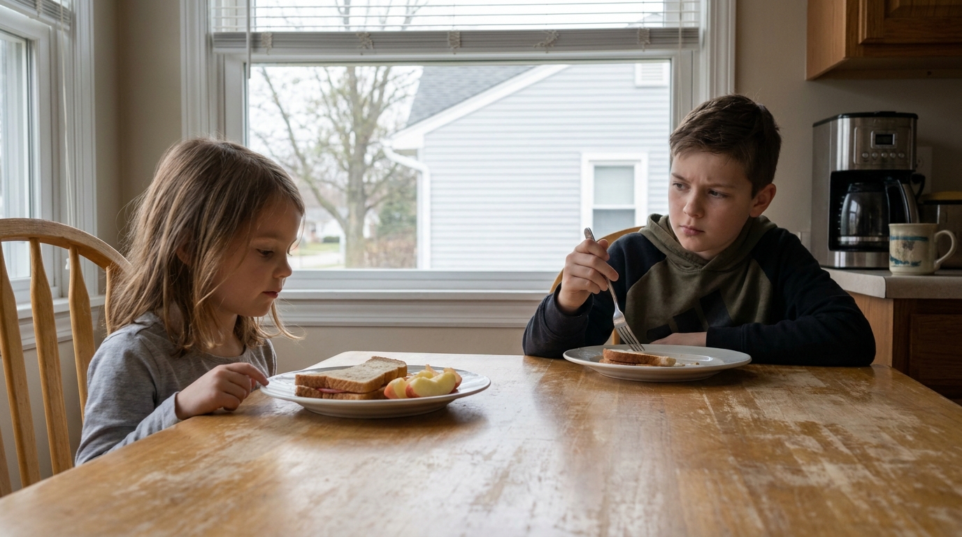 A small girl eating at the kitchen table with her older brother sitting on the chair beside her.