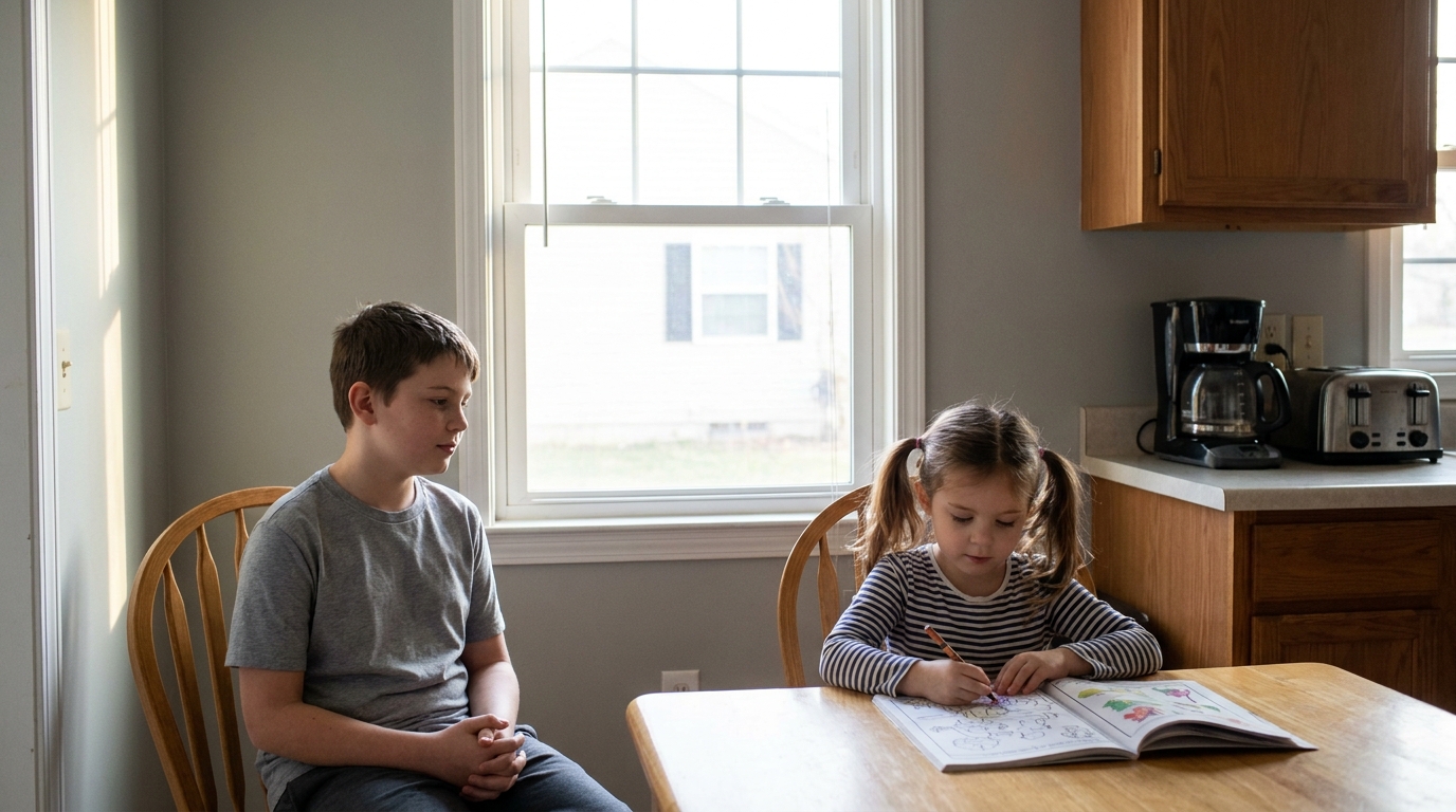 A boy sitting on the chair beside a child at the table, hands in his lap, watching.