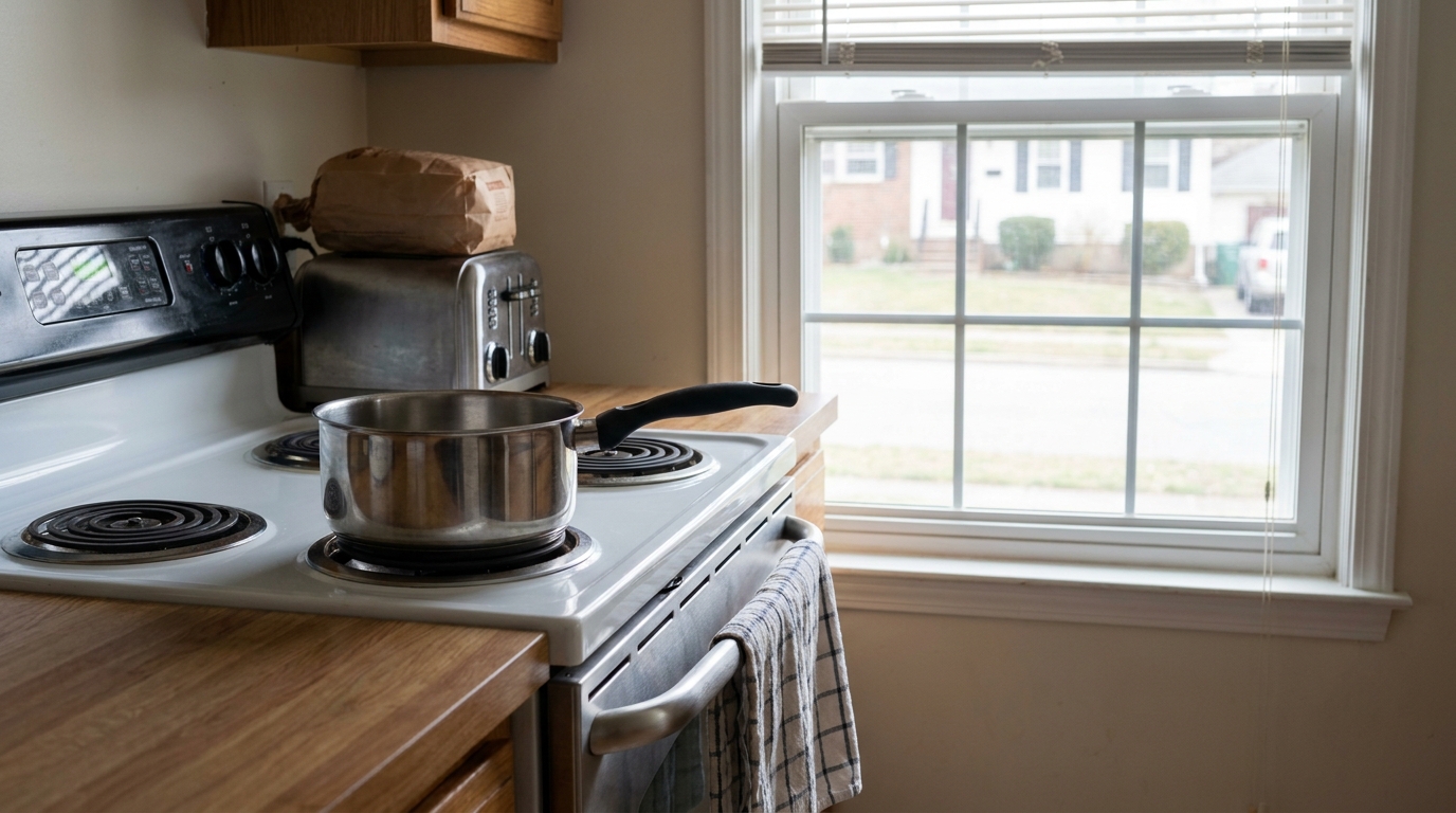 A kitchen with a pan handle out over the edge, a dish towel on the oven door and a bread bag on the toaster.