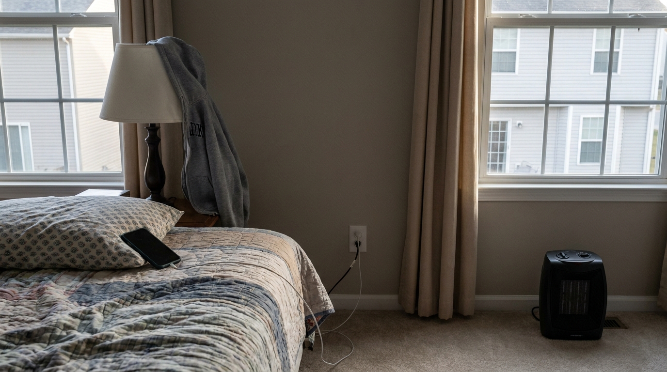 A bedroom with a phone charging under a pillow, a sweatshirt over a lamp and a heater beside a curtain.