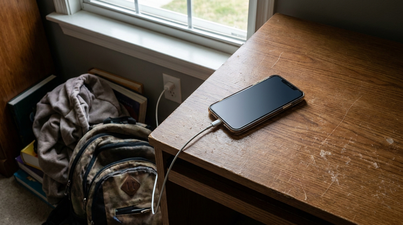 A phone charging face up on a desk with the cable running to the wall.