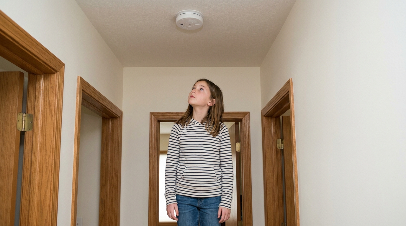 A girl looking up at a smoke alarm on the hallway ceiling.