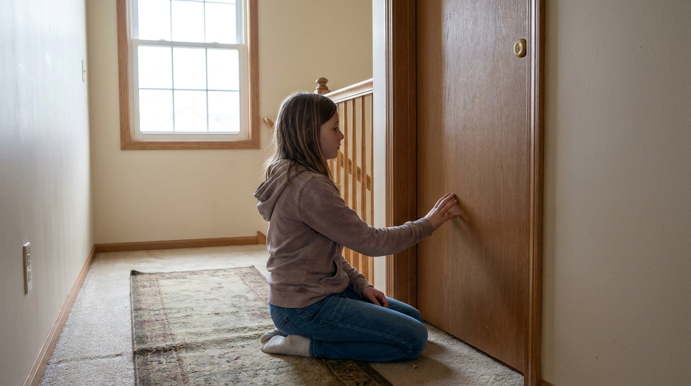 A girl kneeling low beside a closed door with the back of her hand an inch from it.