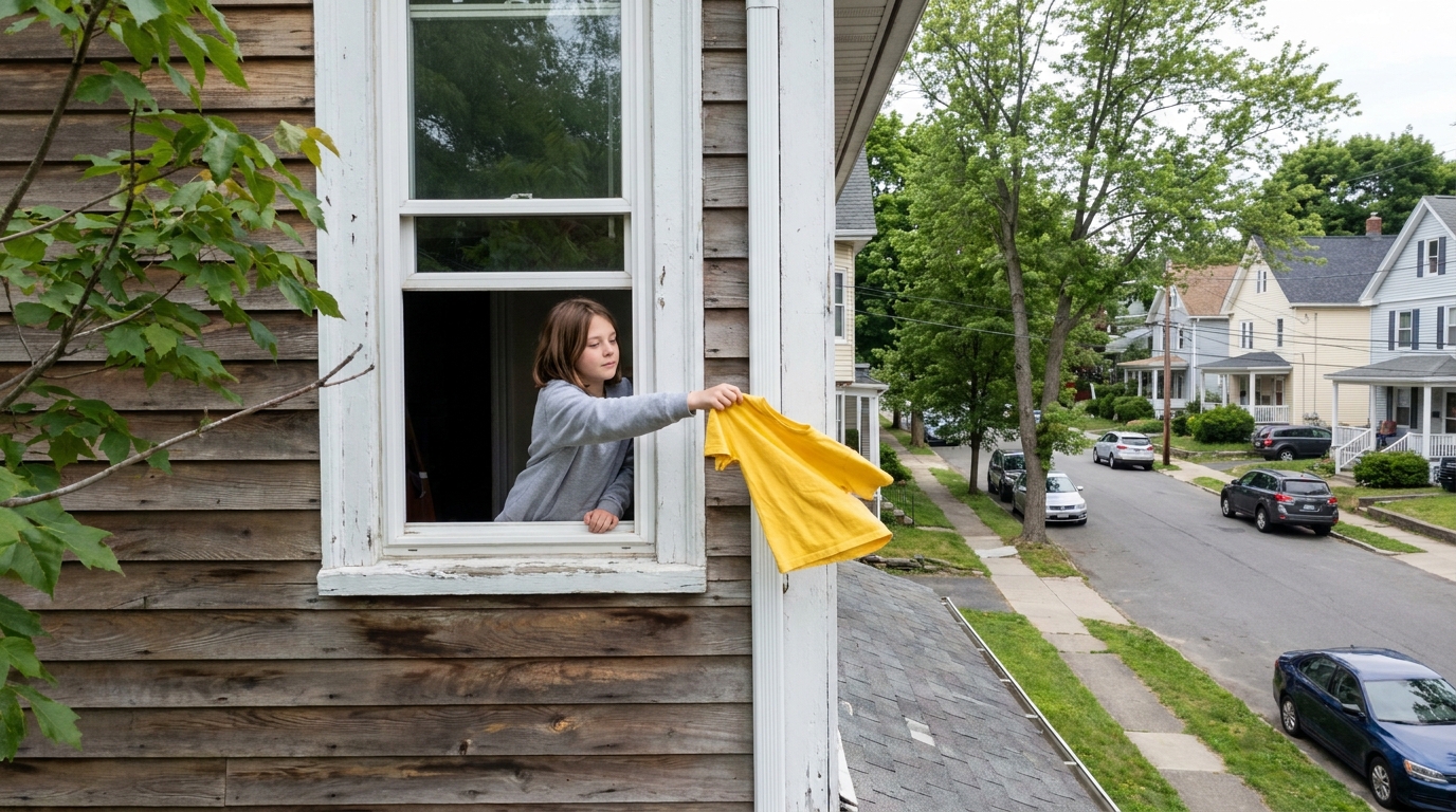 An open upstairs bedroom window with the flat roof of a porch just below it.