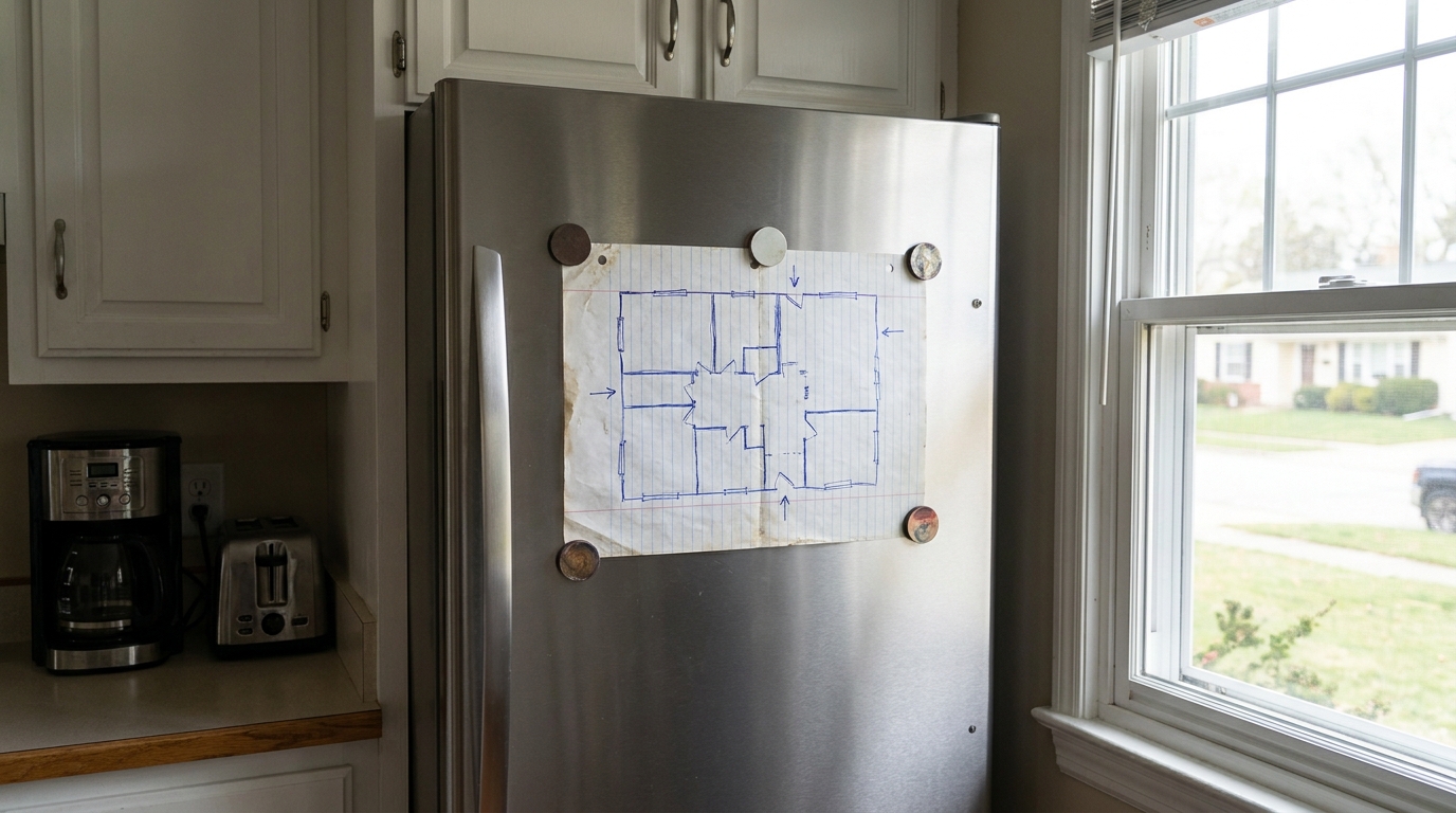 A hand-drawn floor plan on lined paper held to the fridge door with magnets.