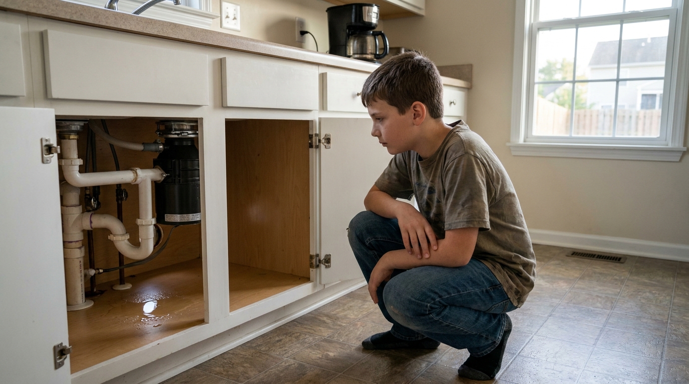 A boy crouched at the open cabinet under the sink, looking at a puddle by the pipes.
