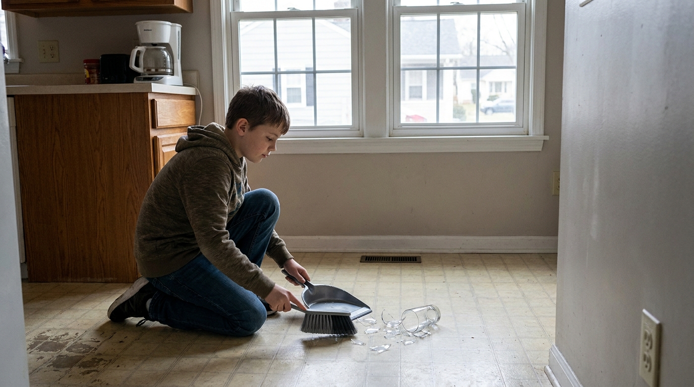 A boy in shoes sweeping up a broken glass with a dustpan and brush.