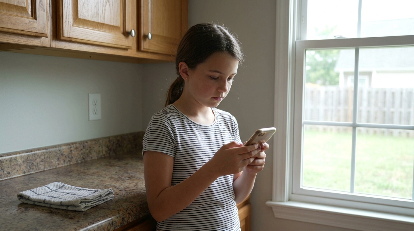 A girl typing with one thumb, a folded towel and a dustpan on the counter behind her.