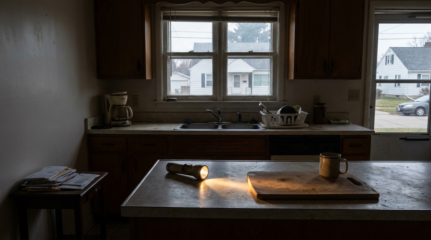 A dim kitchen with the lights off and a flashlight on the counter throwing a beam across it.