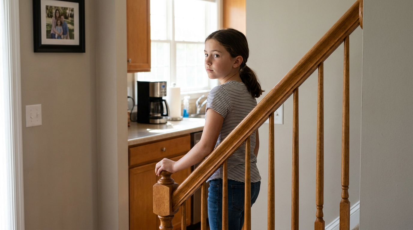 A girl stopped halfway up the stairs, turning to look back towards the kitchen.