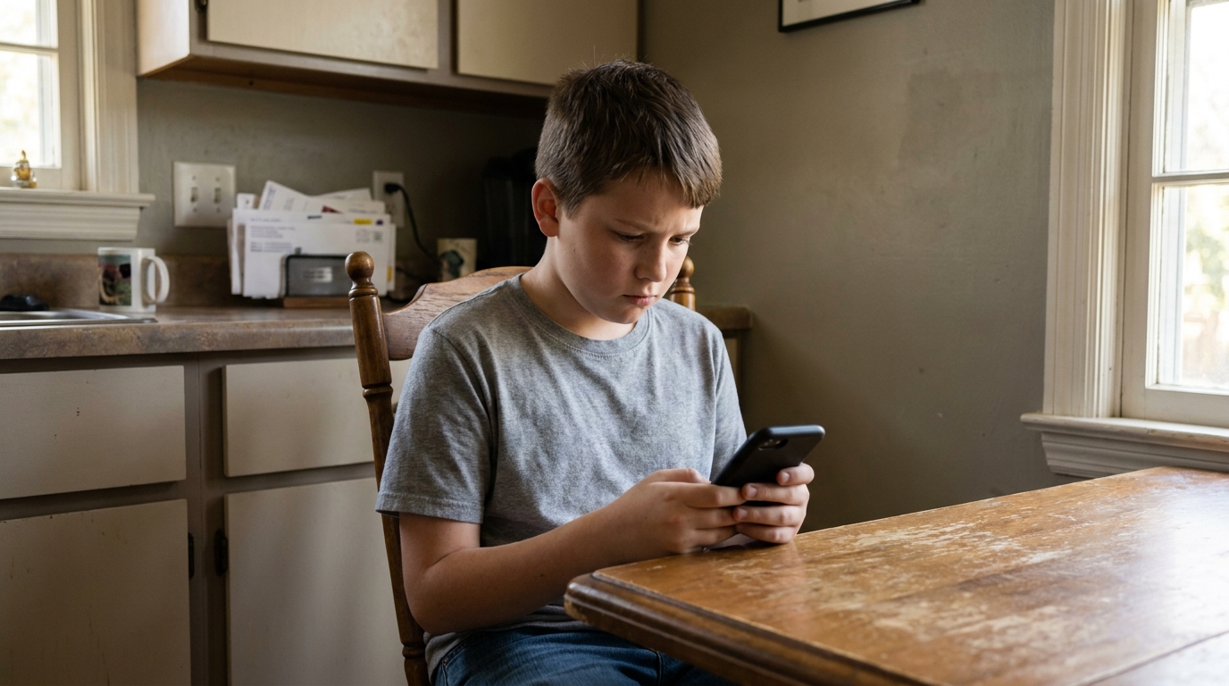 A boy at the kitchen table holding his phone low in both hands, thinking before he types.