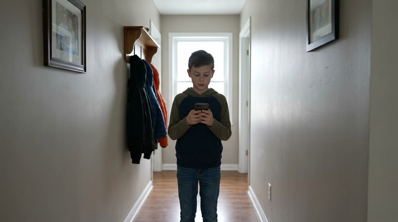 A boy in a hallway holding a phone in both hands, looking down at it.
