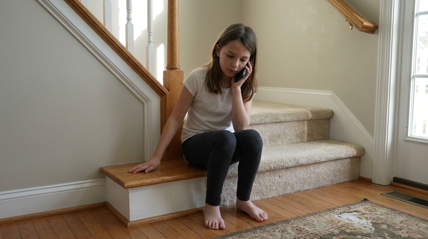 A girl sitting on the bottom stair with a phone held to her ear.