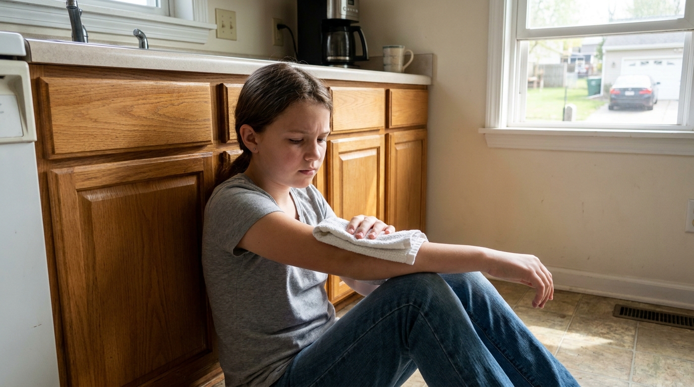 A girl on the kitchen floor pressing a folded dish towel firmly against her own forearm.