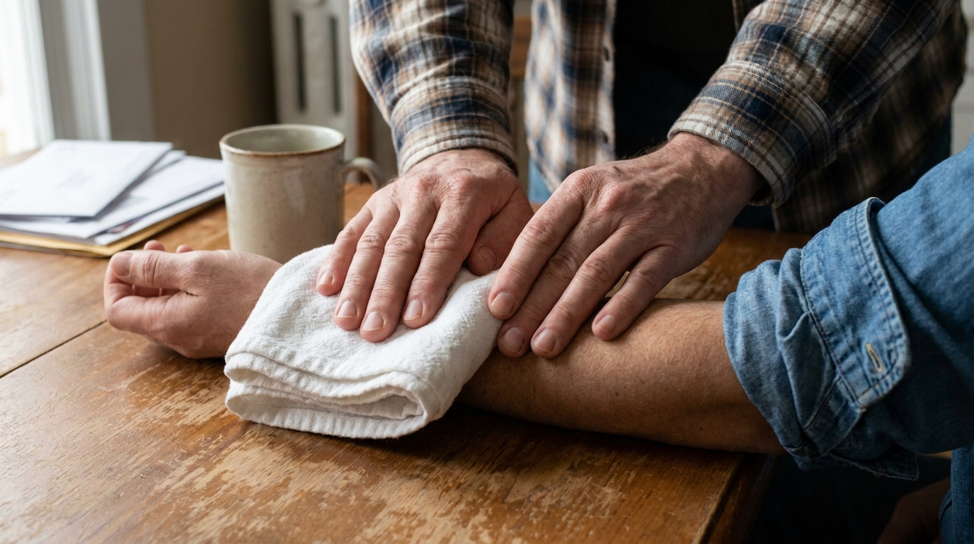 Two hands pressing a folded cloth down firmly on a forearm resting on a table.