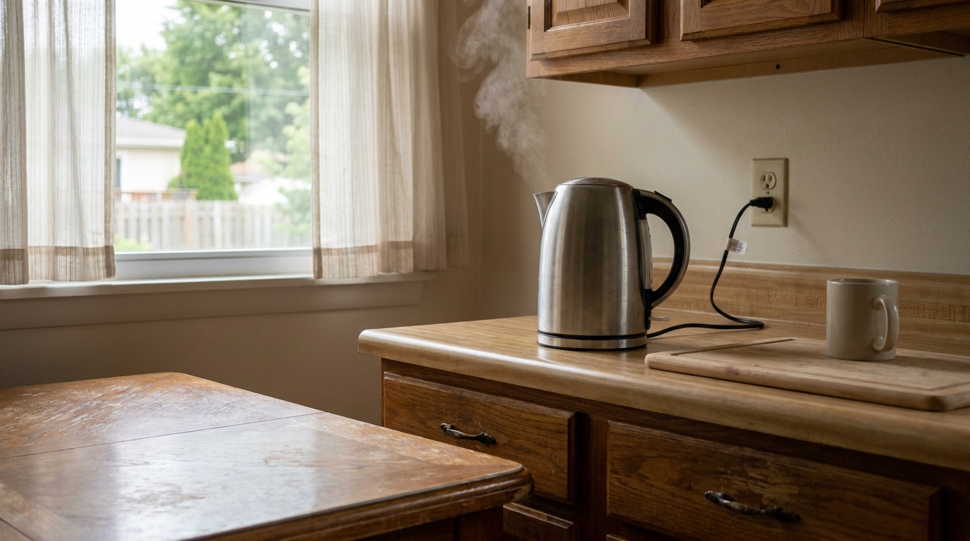 A kitchen counter with a kettle steaming on it and the corner of a table in the foreground.