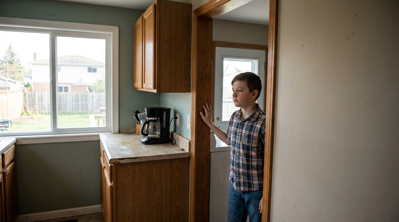 A boy standing still in a kitchen doorway with one hand on the frame, looking in.