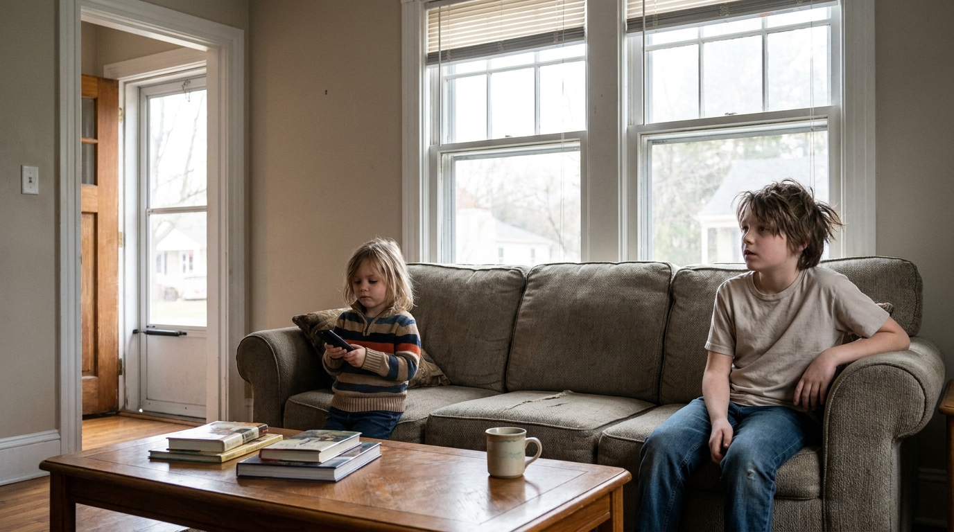 An older child and a younger one at opposite ends of a sofa, the younger one holding the remote.