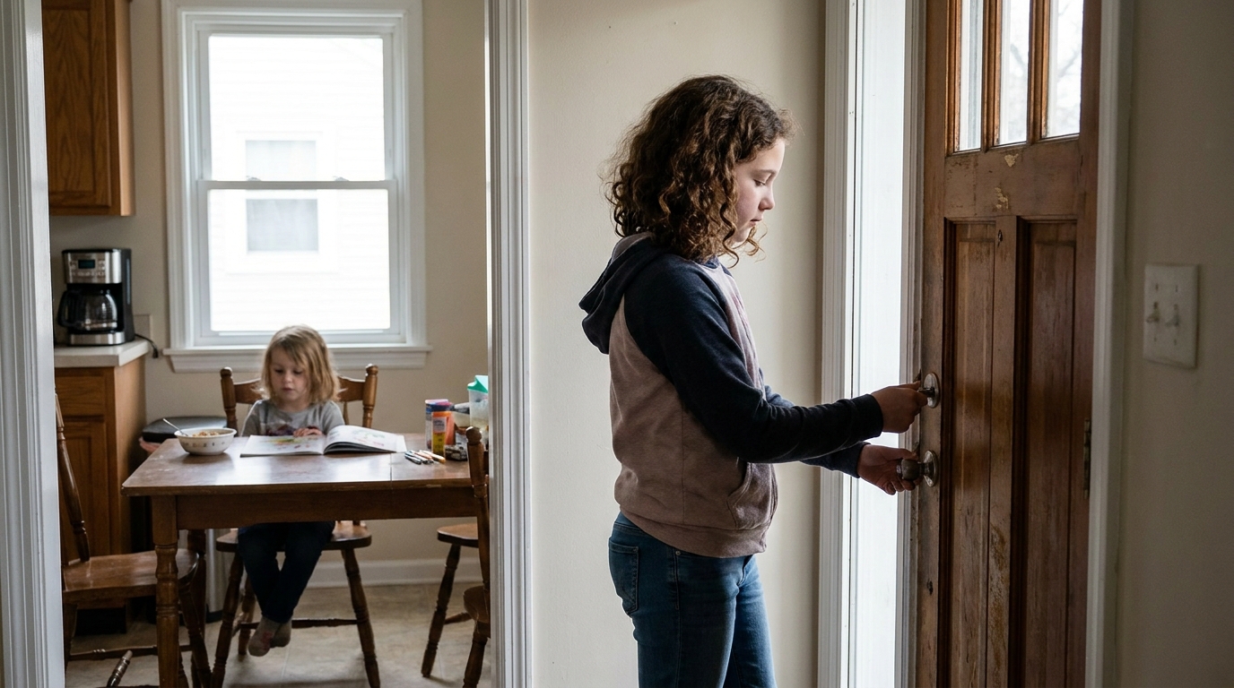 A girl turning the lock on the front door, a younger child at the kitchen table behind her.