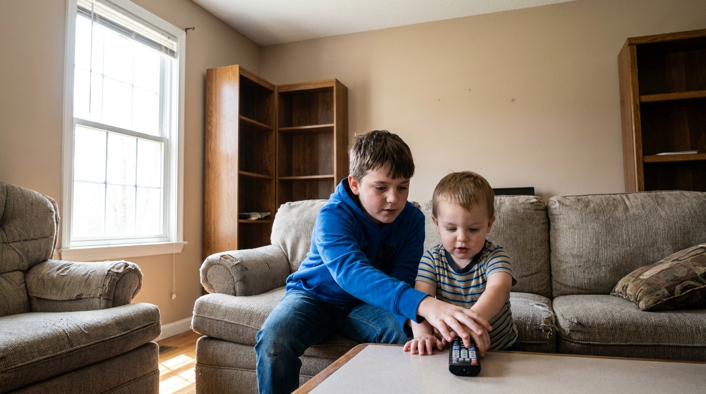 Two children on a sofa both reaching for the same television remote.