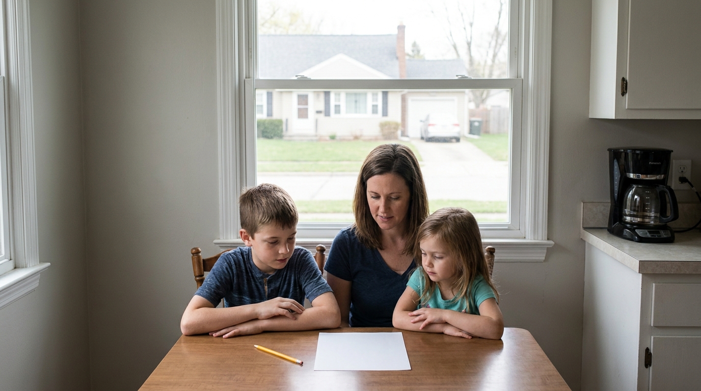 A parent and two children at the kitchen table in the morning with a blank sheet of paper.