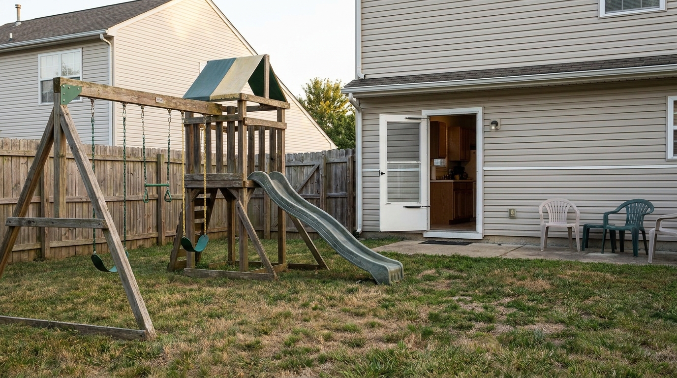 A wooden climbing frame on the grass in a back yard, the back door of the house open behind it.