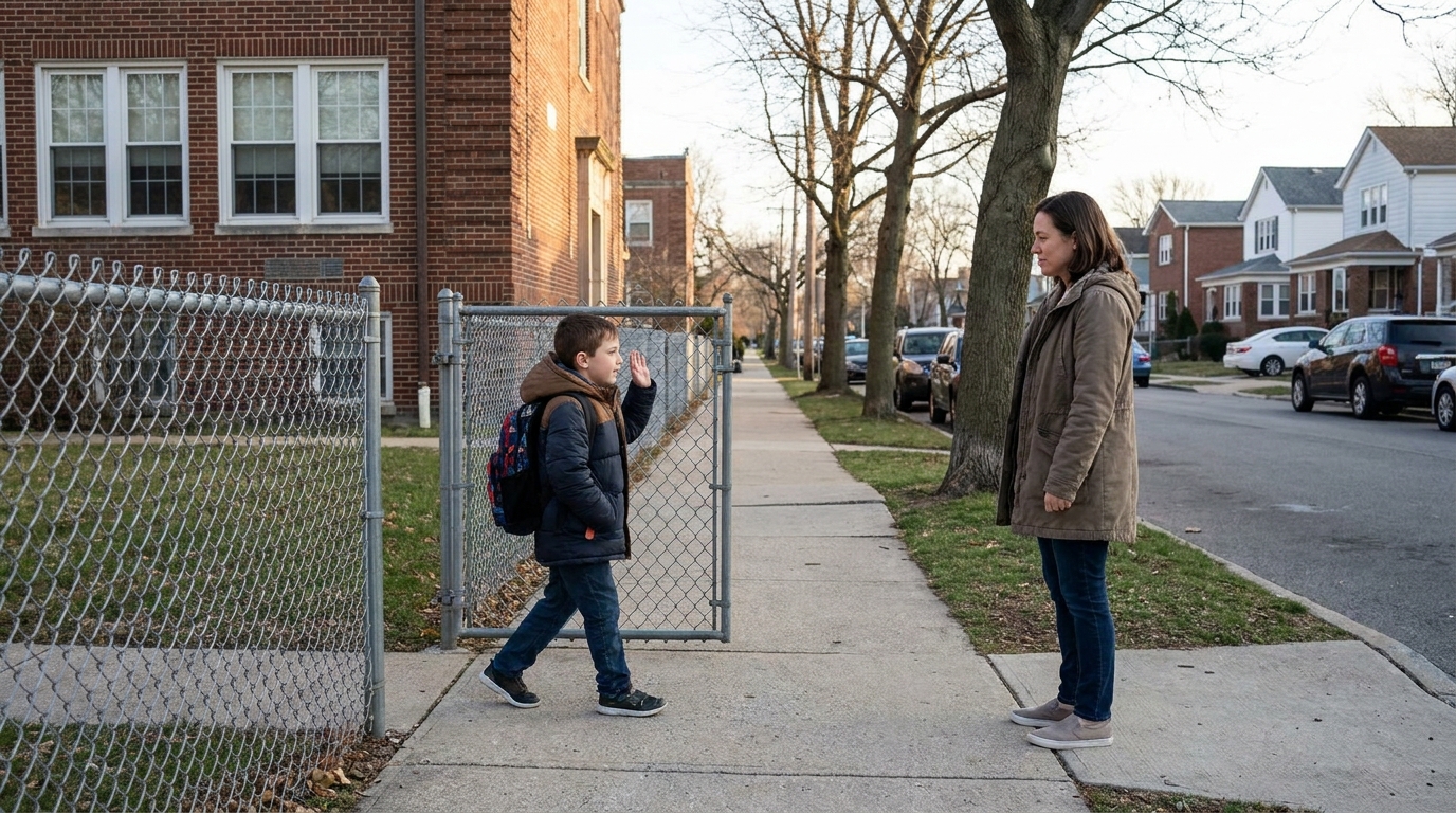 A child walking out of a school gate towards a waiting adult, lifting a hand to wave.