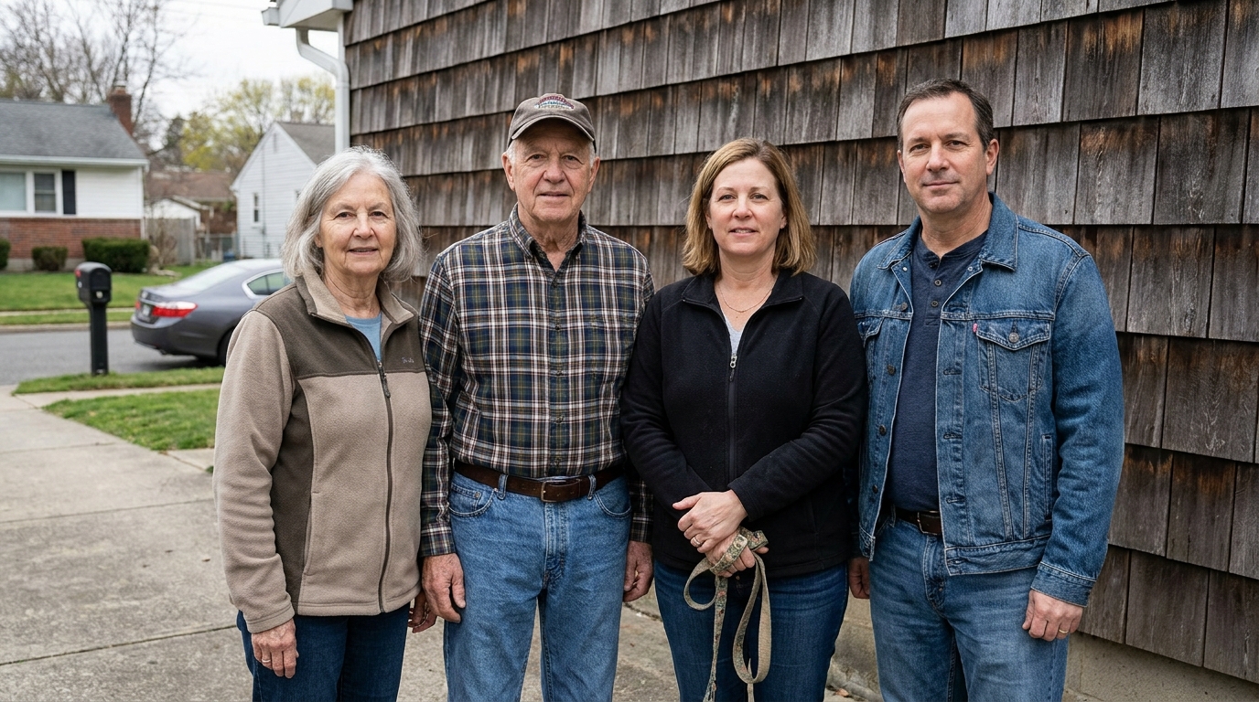 Four adults standing in a row against a plain wall, looking at the camera.