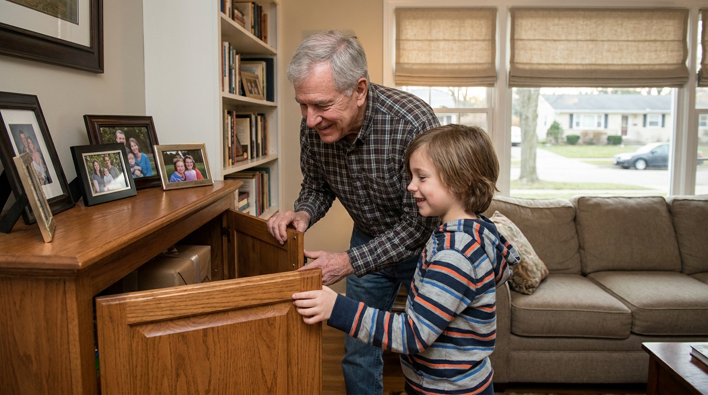 A grandad and a child closing a cabinet door on a wrapped present, both smiling.