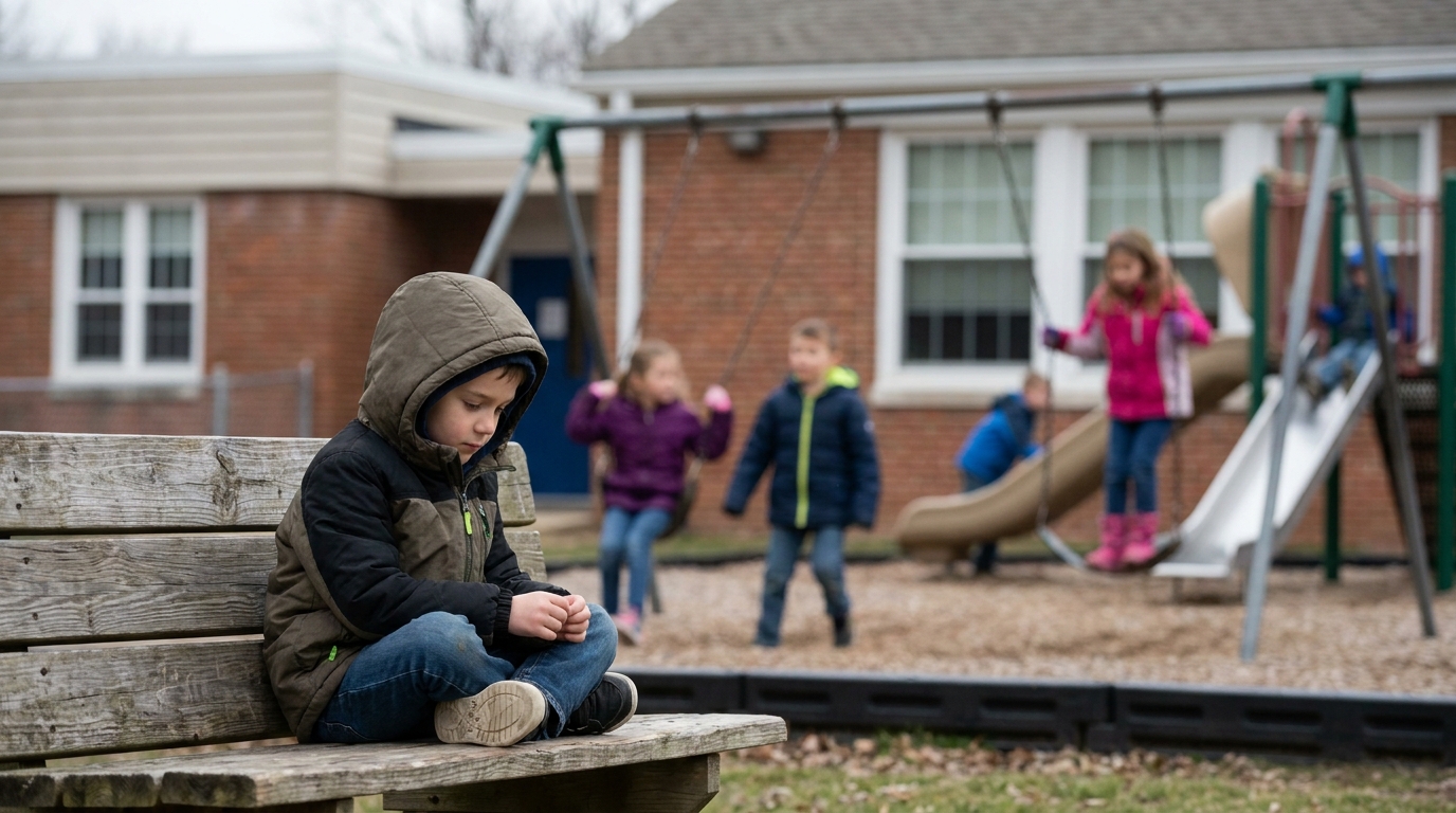 A playground with one child sitting alone on a bench and other children playing further away.