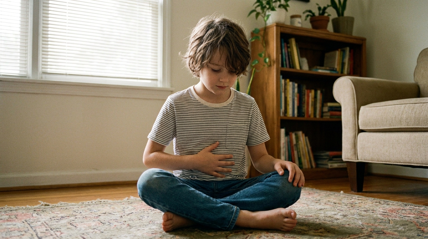 A child sitting cross-legged with one hand flat against their own tummy, looking down.