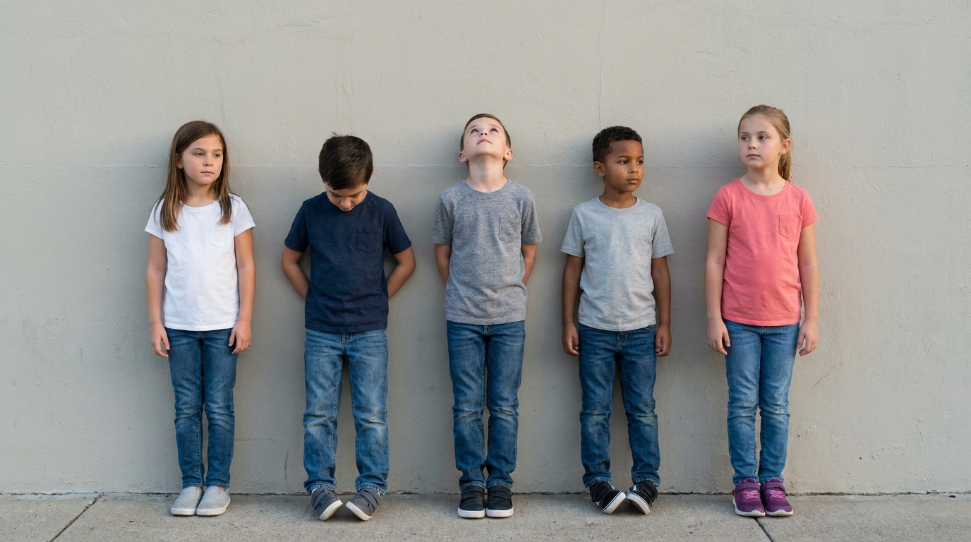 Five children standing in a row with five different ordinary expressions.