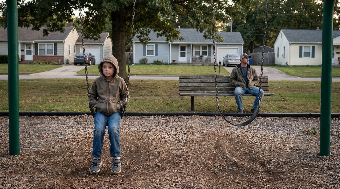 A child on a swing with their feet down, an adult on a bench a little way off.