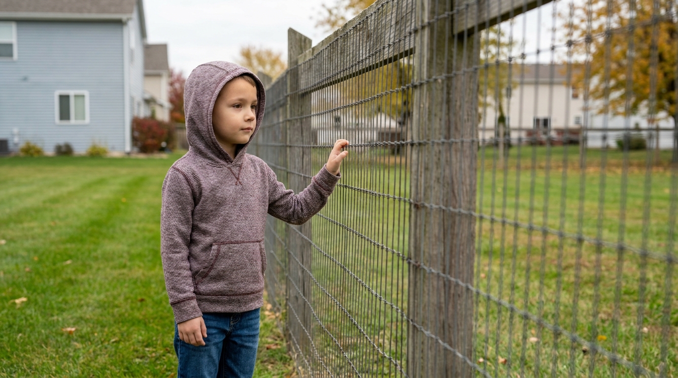 A child standing by a park fence with one hand on the wire, looking along it.