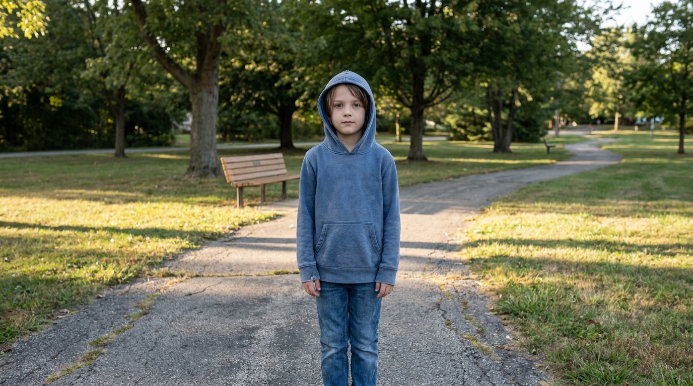 A child standing straight on a park path with their arms at their sides.