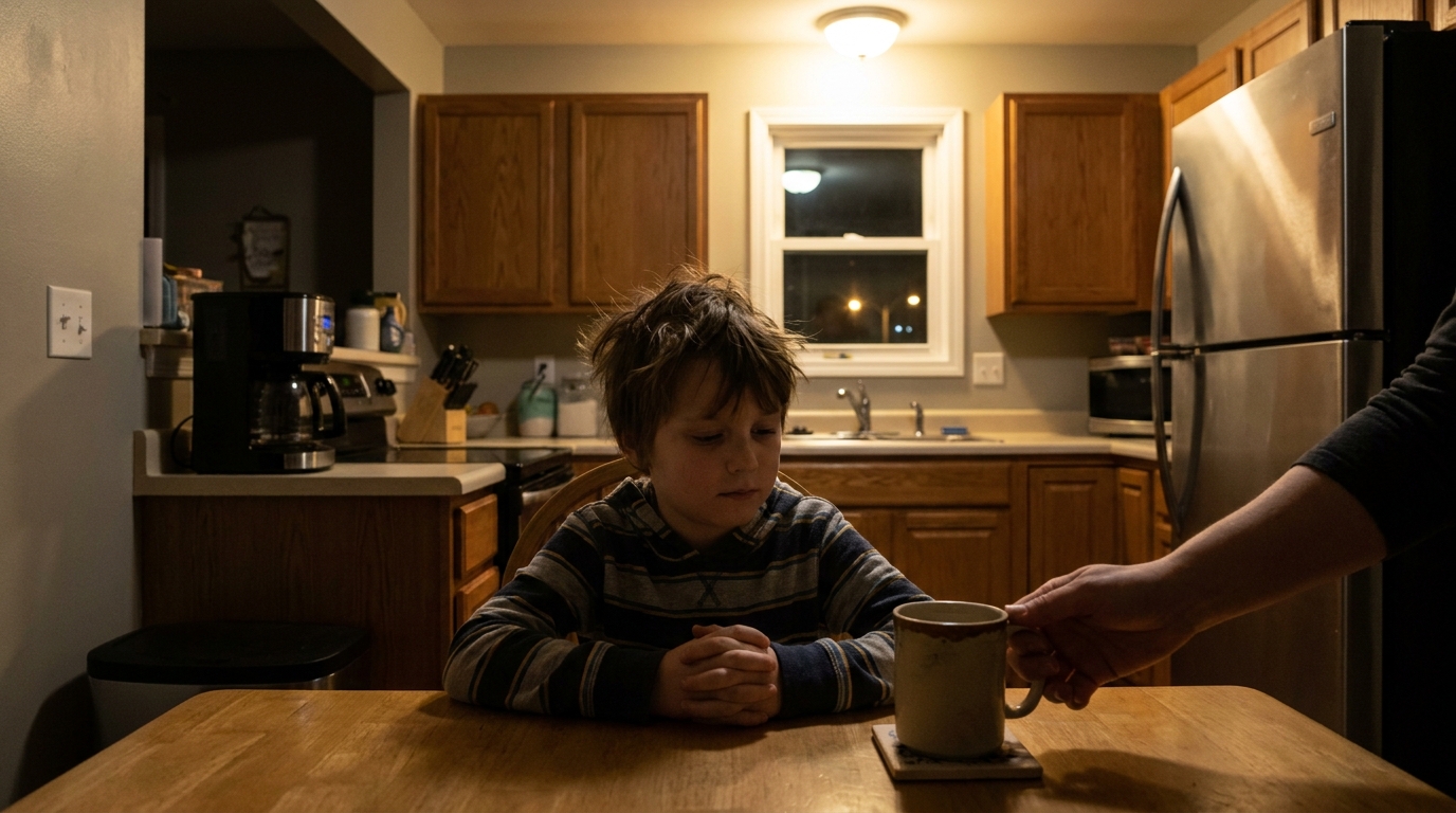 A kitchen at night, a child at the table and an adult setting a mug down beside them.