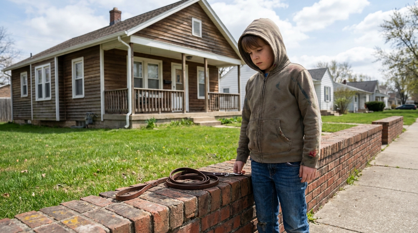 A child on the sidewalk outside a house, an empty dog leash coiled on the wall beside them.