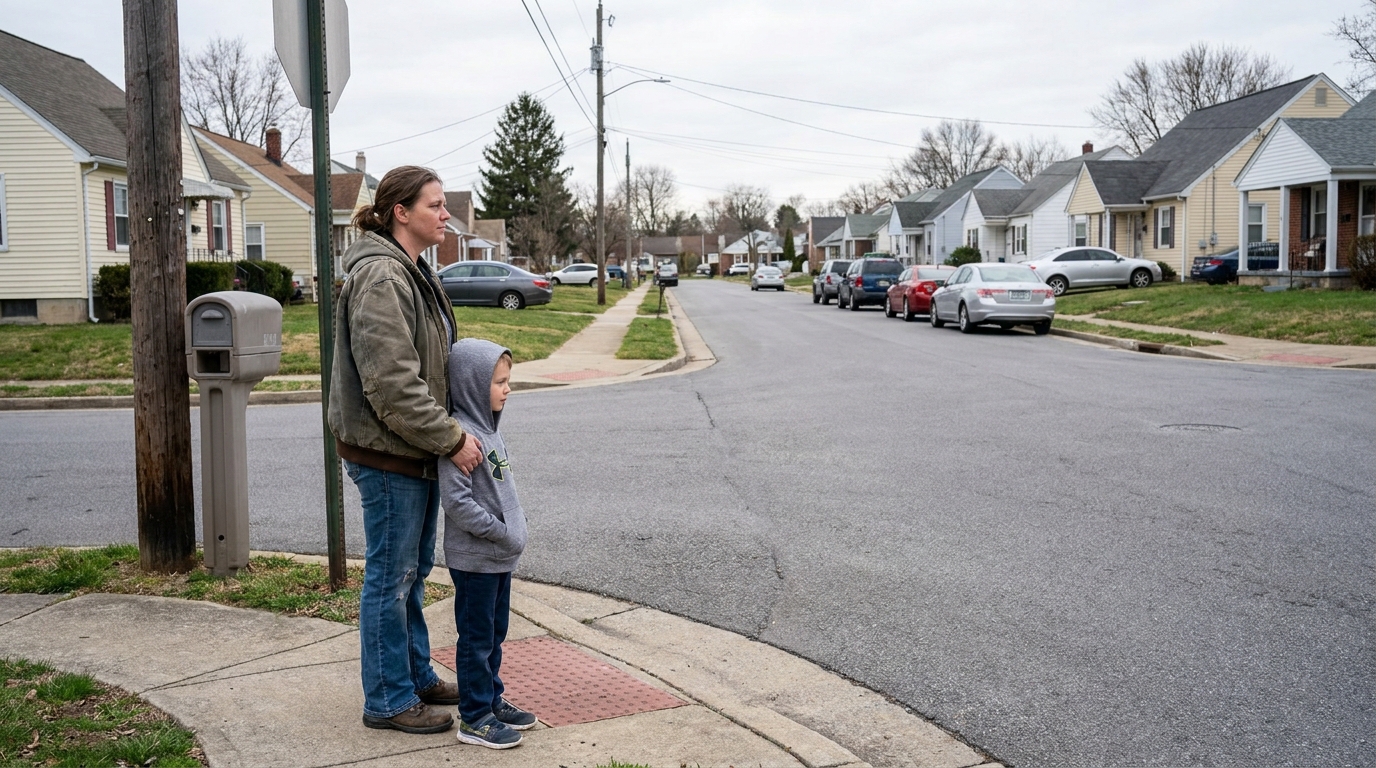 A child and an adult at a street corner, both looking along the road.
