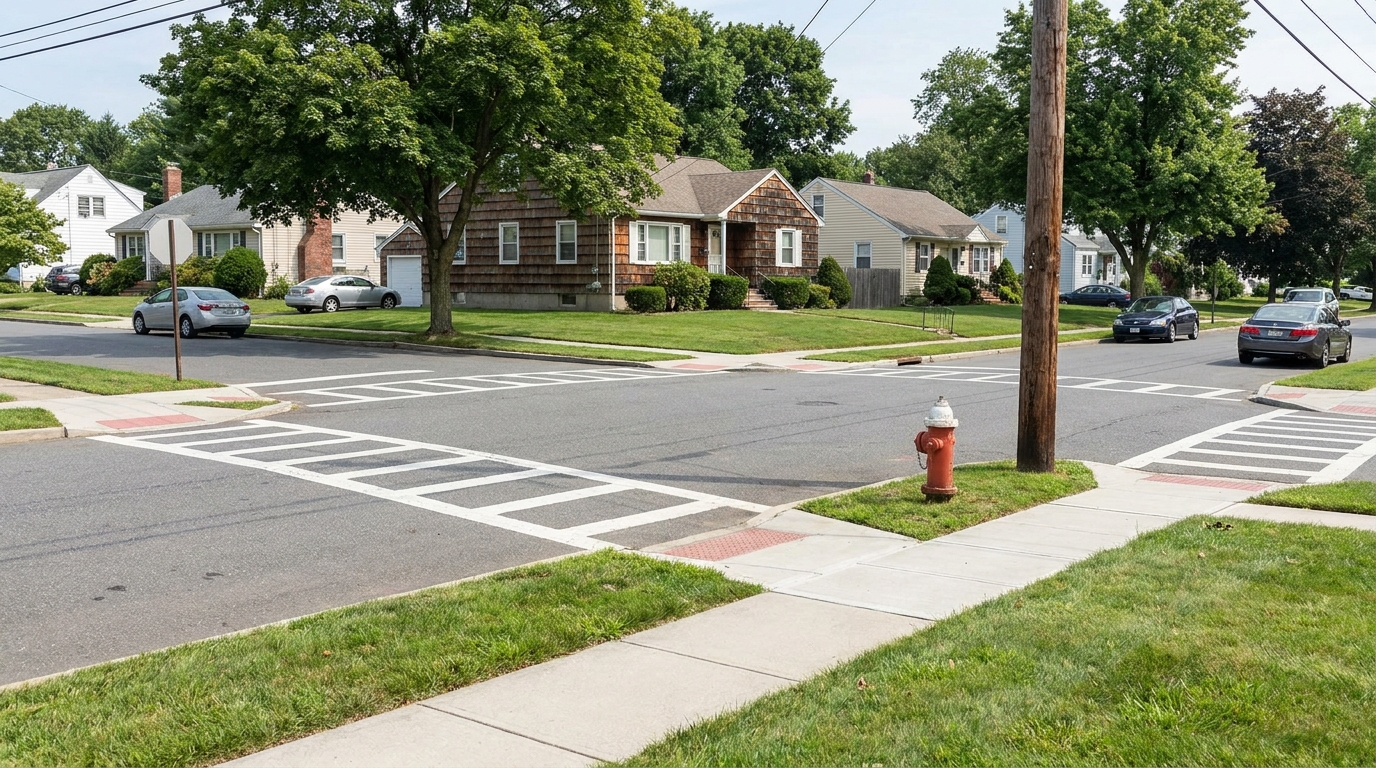 A quiet street corner with painted crossing stripes across the road.
