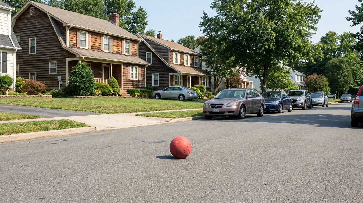 A ball lying still in the middle of a quiet street with parked cars along one side.