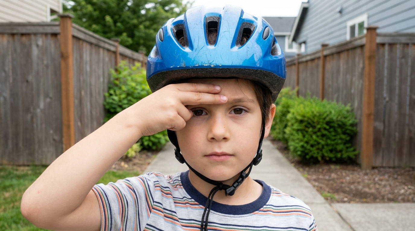 Two fingers held flat between the eyebrows and the front edge of the helmet.