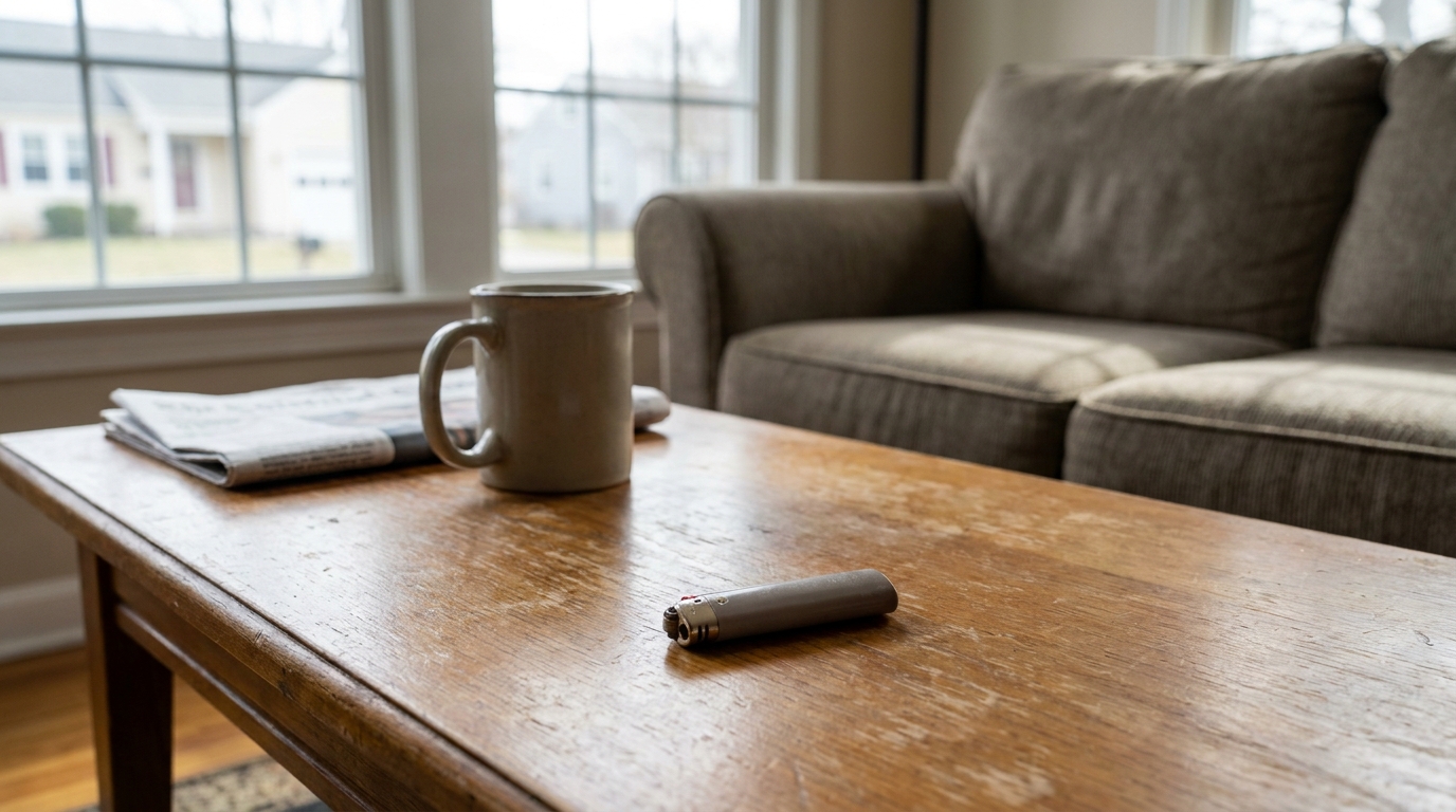 A lighter lying by itself on a living room coffee table.
