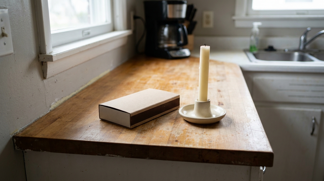 A closed box of matches and an unlit candle standing on a kitchen counter.
