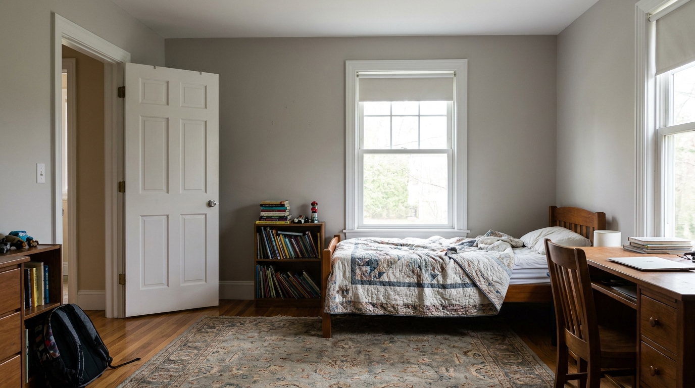 A bedroom with an open door on one wall and a window on another.
