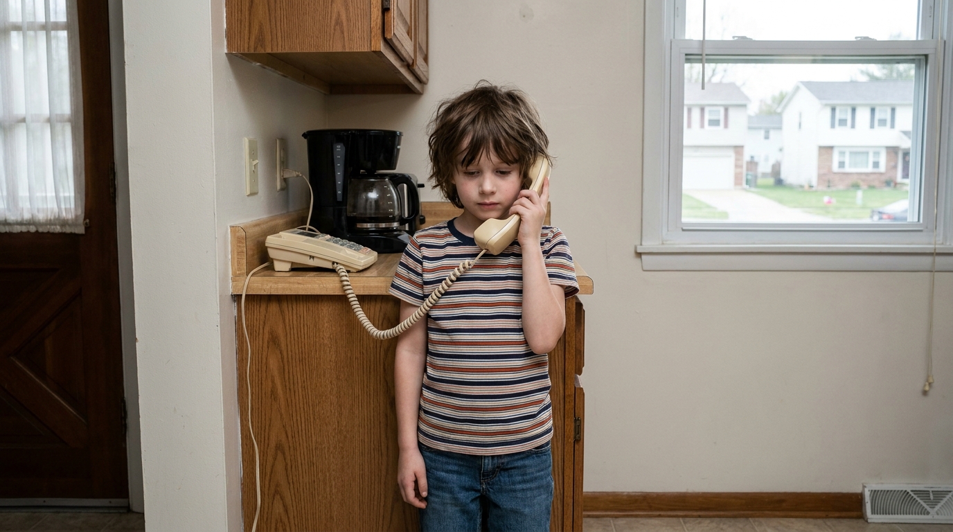 A child in a kitchen holding a telephone handset up to their ear.